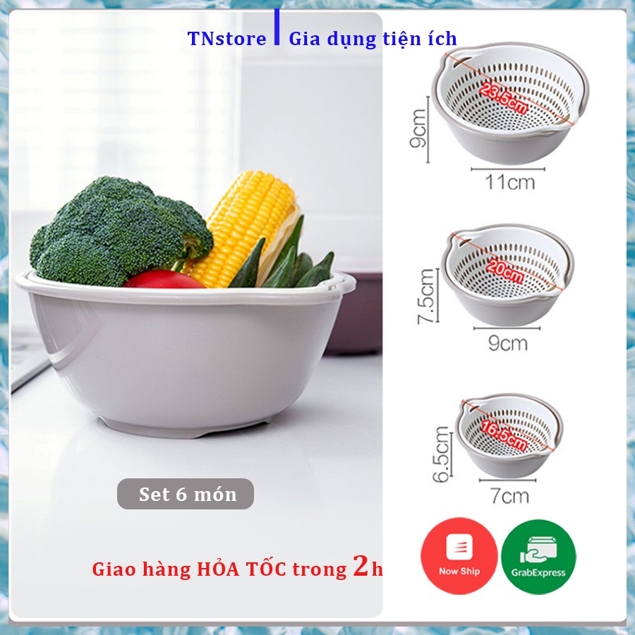 Bộ 6 món rổ/rá/chậu nhựa PP cao cấp, kèm 3 chậu rửa đa năng, tiện dụng đủ 3 size cho nhà bếp