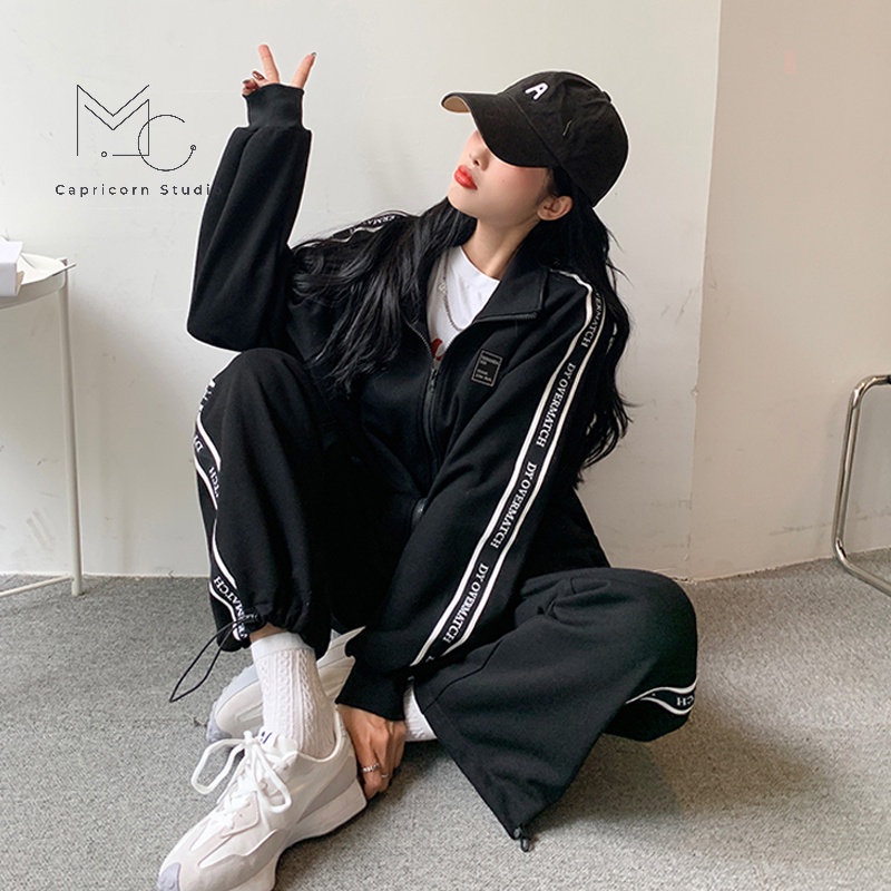 Bộ đồ thể thao màu đen kẻ sọc oversize phong cách Ulzzang Hàn Quốc