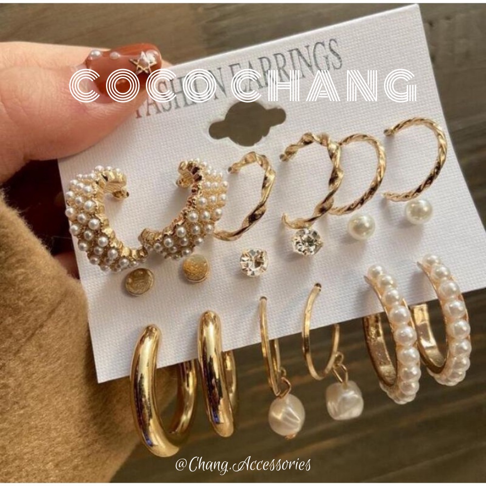 Set bông tai nữ 6 món khuyên tai vòng tròn mạ vàng bạc phong cách hàn quốc cocochang