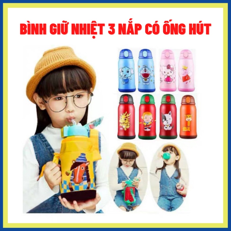 Bình giữ nhiệt trẻ em lõi INOX 304 hình thú ngộ nghĩnh - Có kèm túi vải, ống hút, 3 nắp đa năng, giao ngẫu nhiê