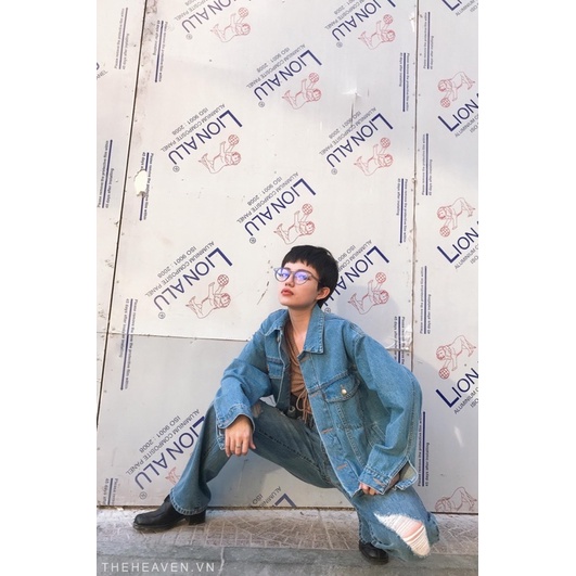 Áo khoác jean form rộng Xanh Vintage ánh Rêu 6 túi cá tính phong cách Ulzzang