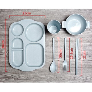 Sét khay lúa mạch kèm cốc bát đĩa đũa thìa đựng đồ ăn.