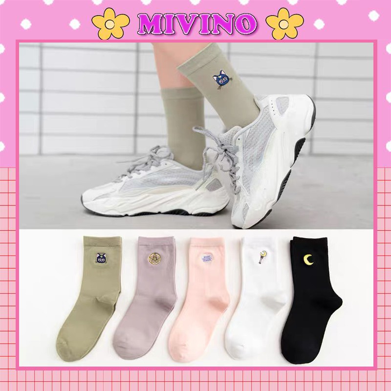 Tất nữ cổ cao Mivino vớ cute in hình mèo mặt trăng ngộ nghĩnh TN48