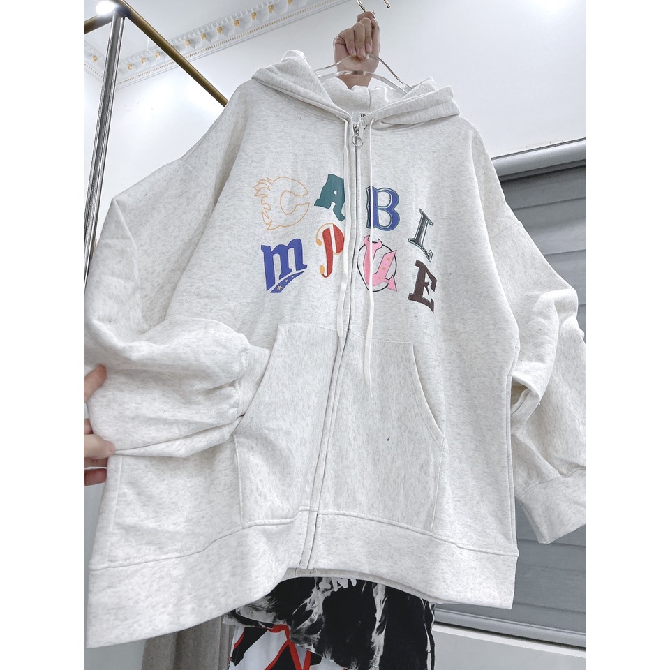 Áo Khoác Hoodie Chữ Cái Form To Nam Nữ Unisex Mũ 2 Lớp This Dáng Rộng Tay Bồng