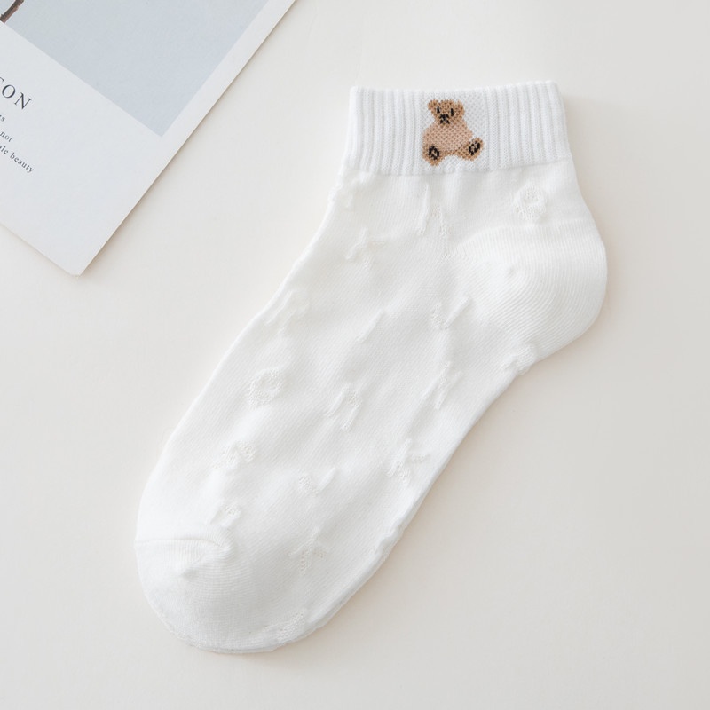 Tất vớ nữ cổ thấp cotton mỏng thoáng màu trắng gân nổi hoạ tiết nhỏ dễ thương A309 Warm&Cute