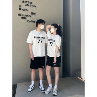 Áo Phông Đôi có in chữ Essentials số 77 - Áo Nam Nữ cổ tròn in số 77 chất thun cotton 4 chiều hình in cai cấp