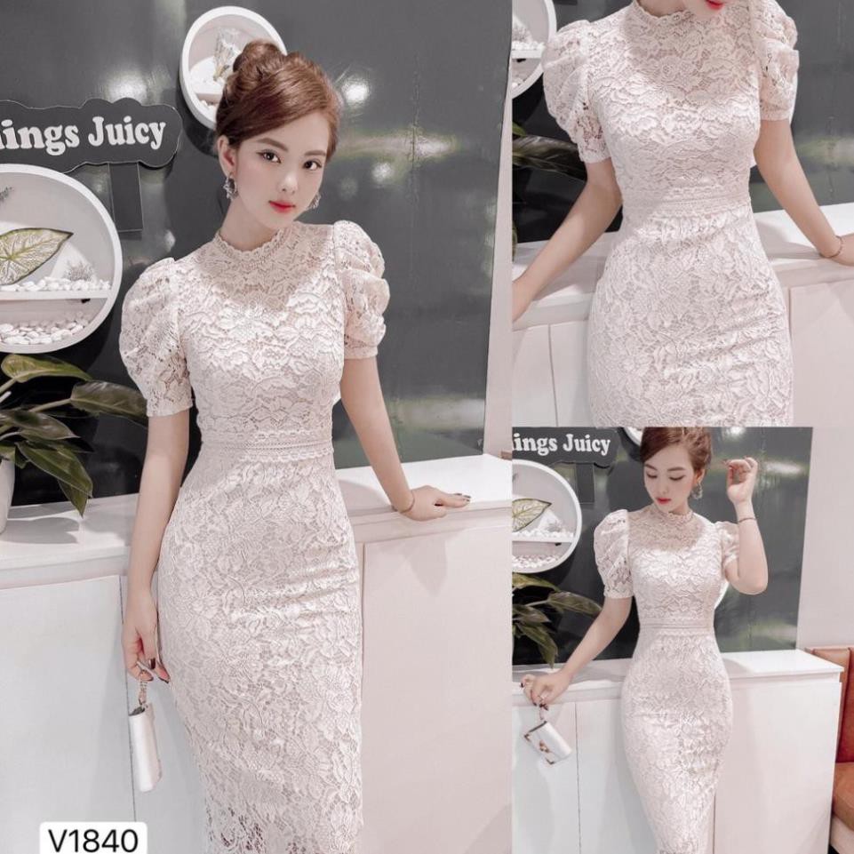 Váy ren kem tay bồng V1840 - Váy DVC - Kèm ảnh thật trải sàn do shop tự chụp chính hãng