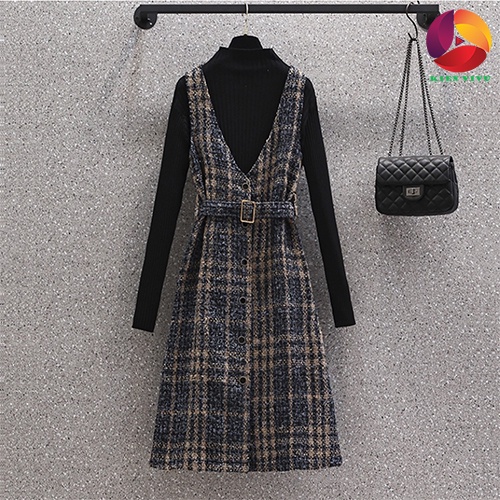 Váy Đầm Bigsize Sét Áo Len Kết Hợp Váy Dạ Kẻ Thắt Đai Thanh Lịch Thời ThượngHàng VNXK mã sp