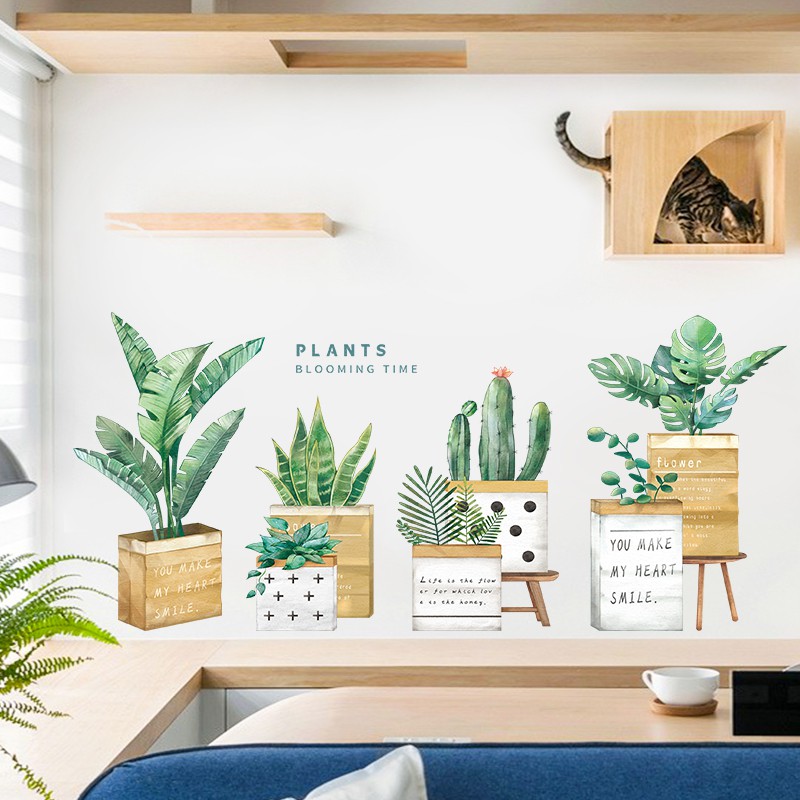 Tranh decal dán tường trang trí decor phòng khách NHIỀU CHẬU CÂY siêu đáng yêu - Decal dán tường phòng khách️