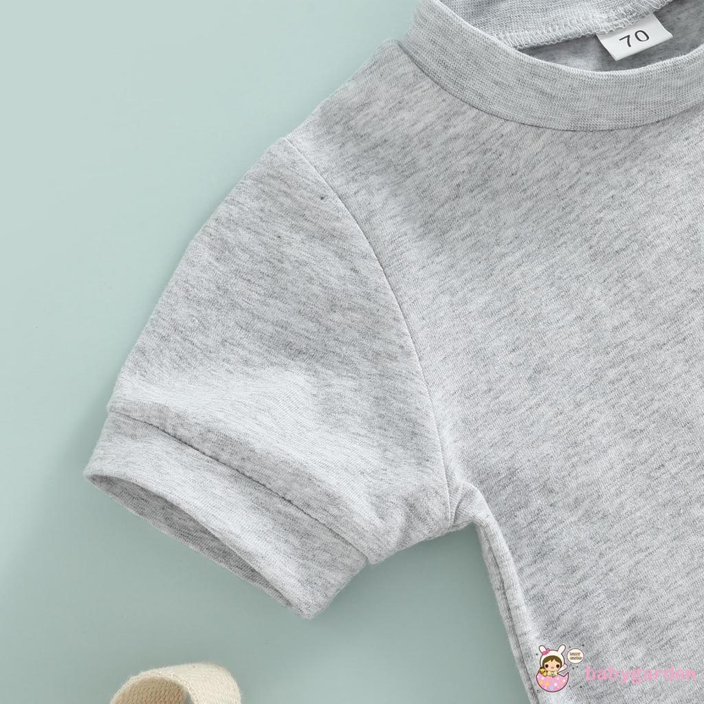 Bộ Áo Thun Ngắn Tay Cổ Tròn + Quần Short Lưng Cao Họa Tiết Kẻ Sọc Cho Bé Trai 0-24 Tháng Tuổi