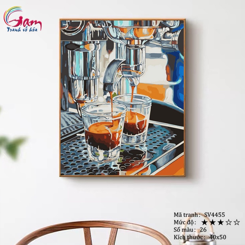 Tranh sơn dầu số hoá tự tô màu Gam máy pha cà phê SV4455 40x50cm căng khung