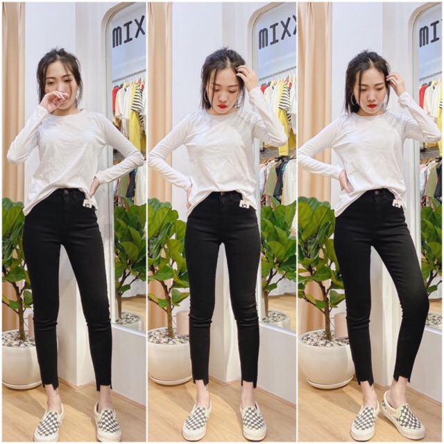 Quần Jean Nữ Skinny Đen Lưng Cao Đẹp Lai Vuông chất co giãn thoải mái phom quần 9 tấc phong cách thời trang