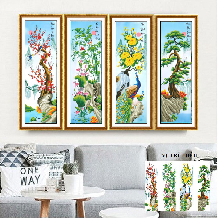 Tranh Thêu Chữ Thập Tứ Quý Tùng Cúc Trúc Mai ( 34 x 90cm/1 bức)