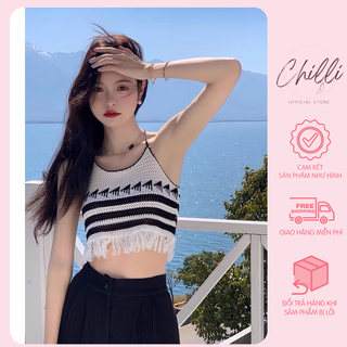 Áo kiểu nữ cổ yếm đan móc hoạ tiết tua rua croptop P646
