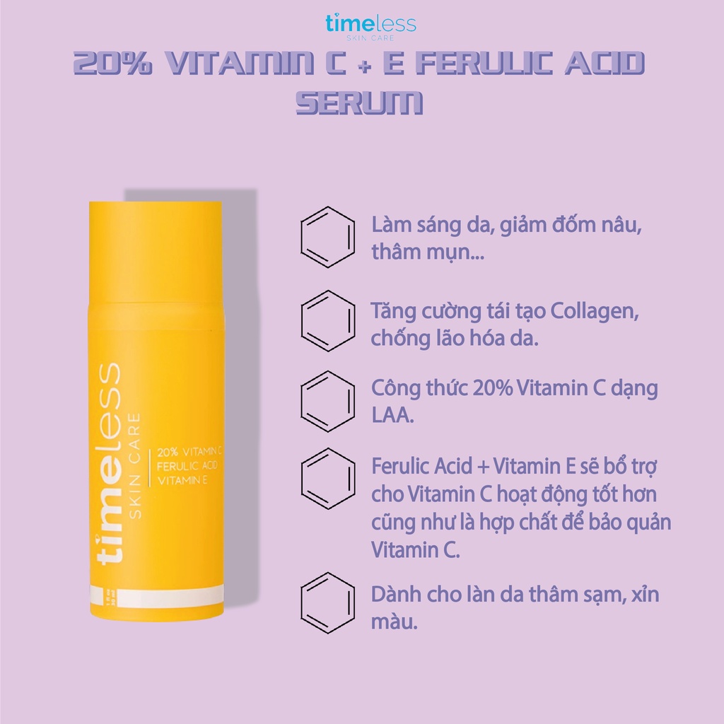 [Mã BMBAU50 giảm 50K đơn 150K] Tinh Chất Dưỡng Sáng Da ‪‬Timeless 20% Vitamin C + Vitamin E + Ferulic Acid Serum (30ml)