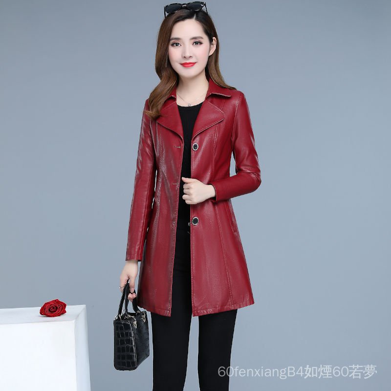 Áo Khoác Da PU Dáng Dài Trung Bình Thời Trang Xuân Thu Cho Phụ Nữ Trung Niên [Haining]