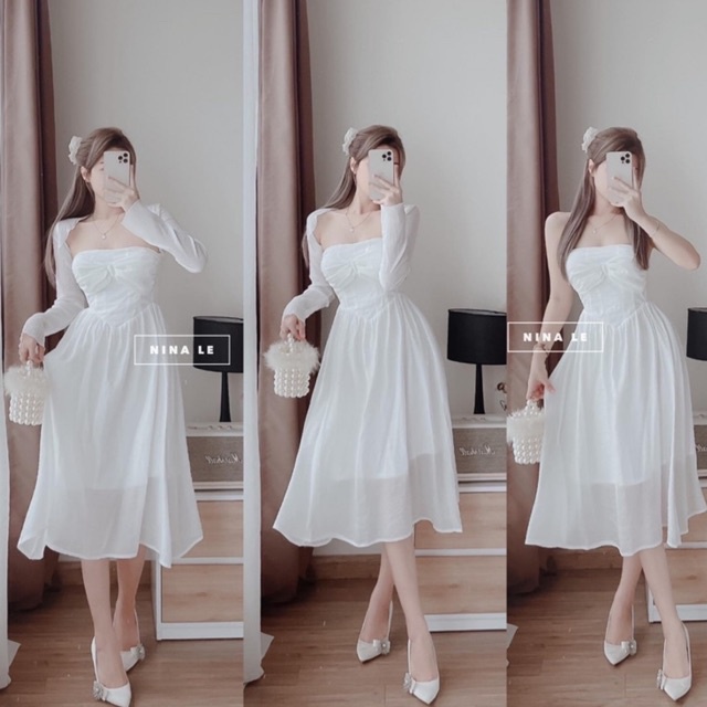 Set Áo Len Trắng Mix Váy Tơ 2 Lớp Nơ Ngực, Set Váy Trắng Dáng Xoè Tiểu Thư Có Ảnh Thật