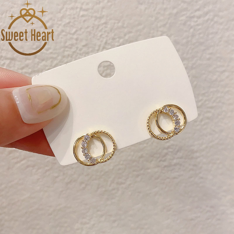 Khuyên tai thiết kế vòng kép dính kim cương kiểu Hàn Quốc cho nữ