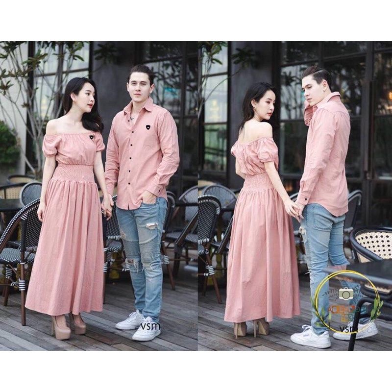 Set váy áo đôi sơ mi màu hồng phong cách Hàn Quốc, Váy thắt eo trễ vai + áo sơ mi nam cao cấp