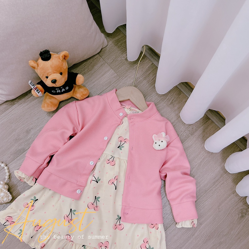Sét váy thu đông kèm áo len cho bé gái, set váy đũi hoa dáng babydoll kèm áo khoác tổ ong gắn gấu siêu dễ thương cho bé