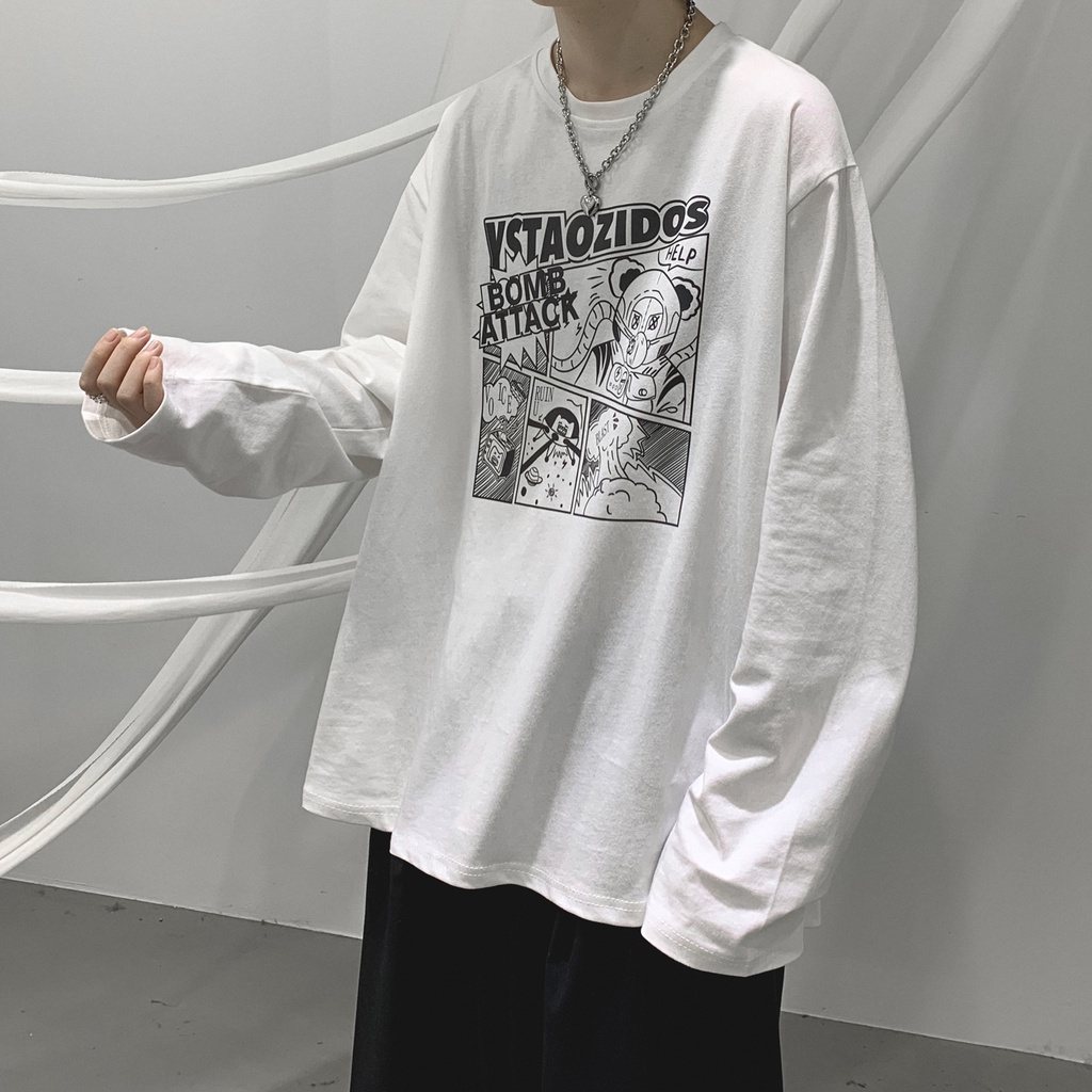 Áo Thun Tay Dài Dáng Rộng In Họa Tiết Hoạt Hình Thời Trang Xuân Thu Cho Nam