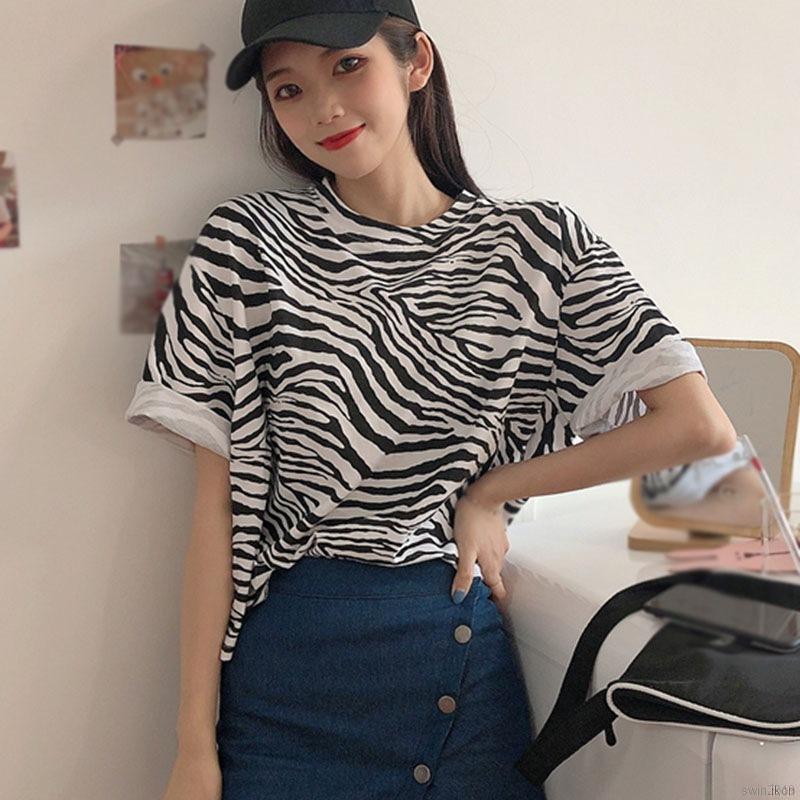 Áo Thun Nữ Ngắn Tay Họa Tiết Ngựa Vằn Thời Trang