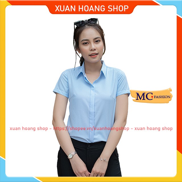 Áo Sơ Mi Nữ Công Sở Mc Fashion A206, Size S, M, L, Xl, 2xl, Tay Ngắn Cộc, Màu Xanh Dương Nước Biển, Hồng, Kẻ Sọc, Đẹp