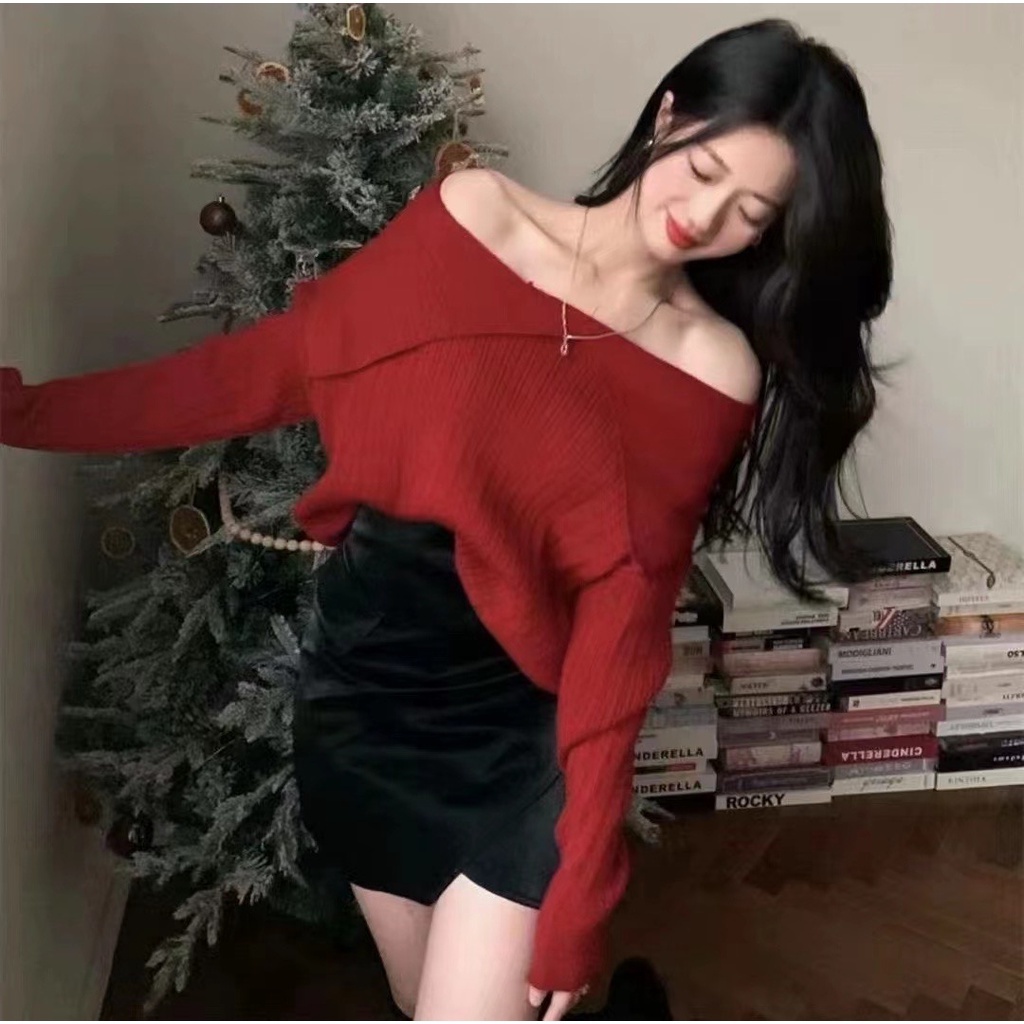 Áo Dệt Kim Tay Dài Hở Vai Dáng Ôm Phong Cách Hàn Quốc Thời Trang Cho Nữ