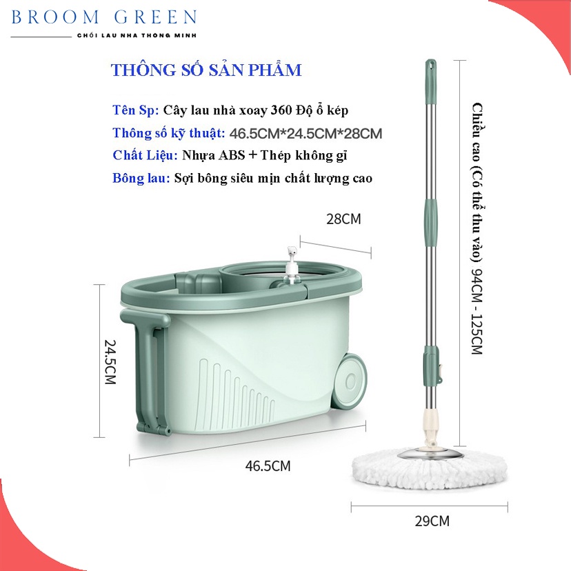 Bộ Chổi Lau Nhà Xoay 360 Độ Cao Cấp, Ổ Vắt Kep Phân Tách, Bánh Xe To, Cán và Mâm Inox Chắc Chắn - Broom Green PR05