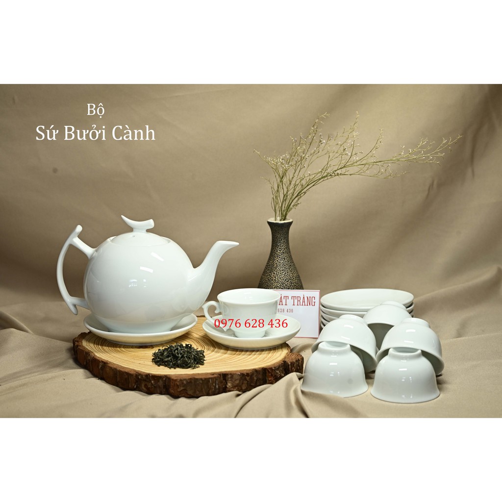 Bộ ấm trà  Bát Tràng 🍀 𝐅𝐑𝐄𝐄𝐒𝐇𝐈𝐏  🍀 SỨ BƯỞI CÀNH  màu trắng trang nhã, sang trọng phòng khách | BigBuy360 - bigbuy360.vn