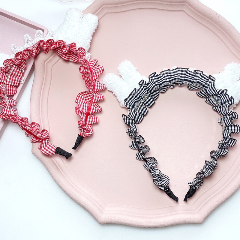 Băng Đô Tai Thỏ Phối Lông Xù Sọc Ca Rô Phong Cách Lolita Dành Cho Nữ