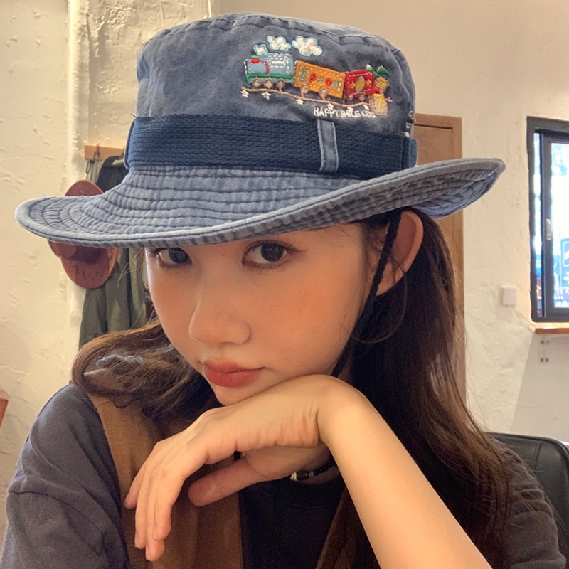 Mũ Cao Bồi Denim Mùa Hè Thêu Họa Tiết Có Dây Cho Thanh Thiếu Niên Phong Cách Hip Hop