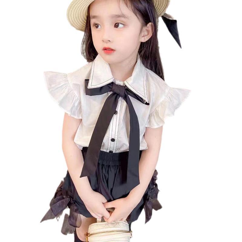 Bộ áo sơ mi tay cánh tiên đính nơ với quần đùi thời trang mùa hè xinh xắn dành cho bé gái