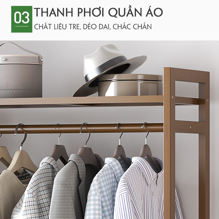 Kệ treo quần áo bằng gỗ tre 3 ngăn, Tủ treo đa năng nhiều ngăn lưu trữ 150x30x150cm