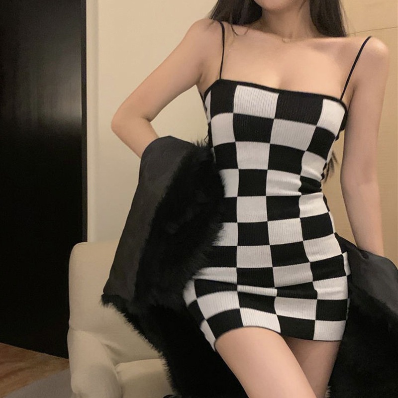 Đầm Dệt Kim Kẻ Sọc Caro Phong Cách Hàn Quốc Quyến Rũ Cho Nữ