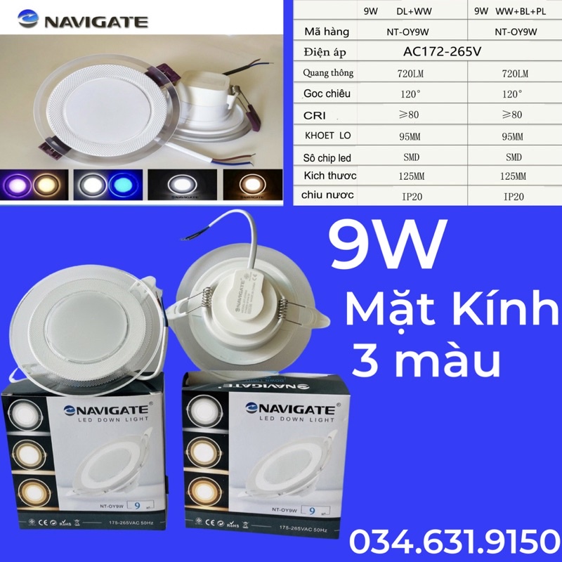 Âm trần 9W 3 màu mặt kính trong suốt Navigate loại tốt chất lượng