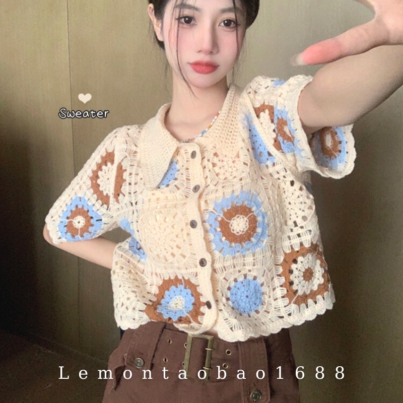 Áo Kiểu Ren Móc Hoạ Tiết Hoa Cổ Bẻ Tay Ngắn Hàng Đẹp LemonSt