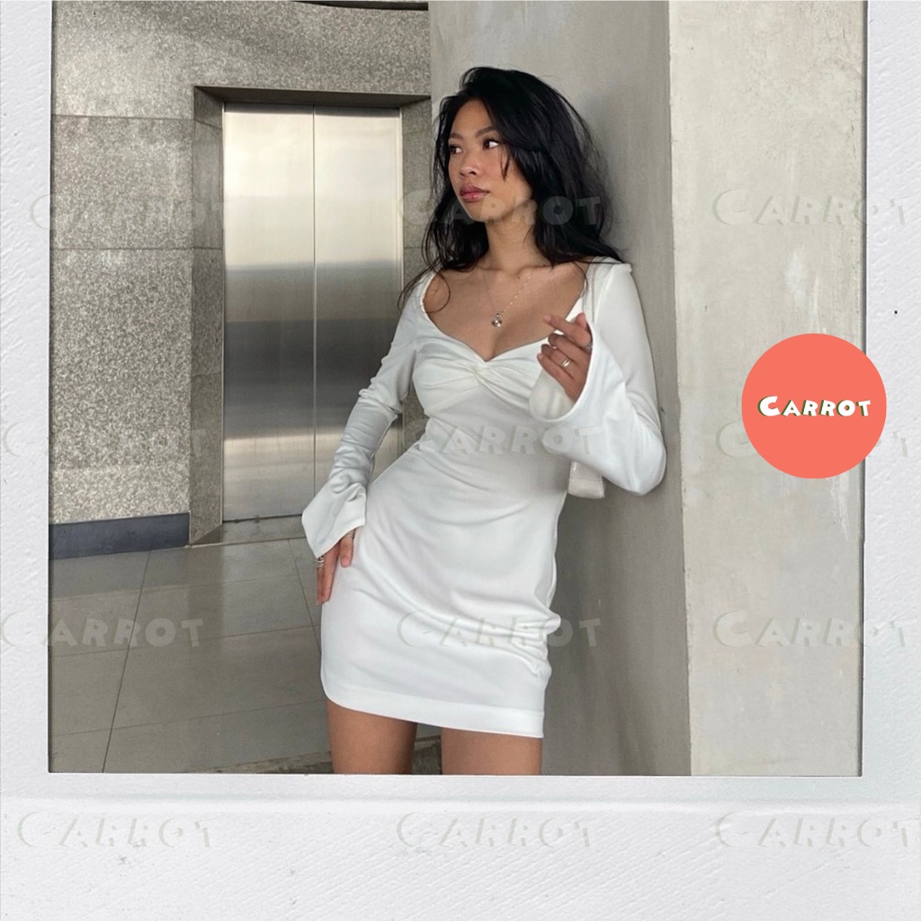Đầm body ôm trắng sexy tay dài loe thiết kế khoét ngực sang trọng, cá tính chất thun co giãn Carrotxinhdep