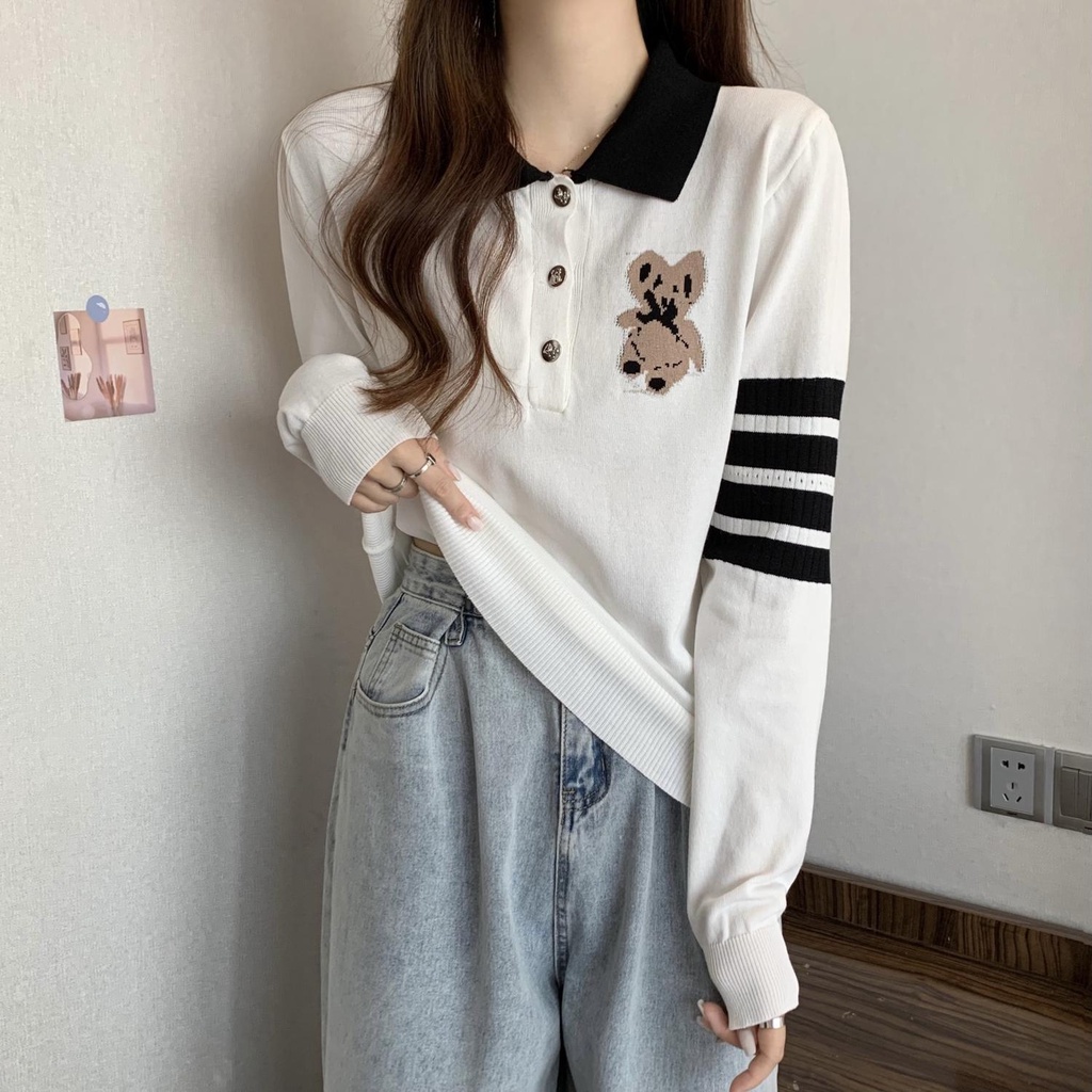 ZHELIHANGFEI Áo Thun POLO Tay Dài Dáng Ôm Thêu Hình Gấu Dễ Thương