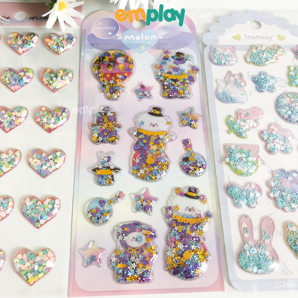 Sticker cho bé lắc kim tuyến lấp lánh siêu đẹp cao cấp Emplay miếng dán 3D xịn xò mẫu mã đa dạng chất liệu PVC an toàn