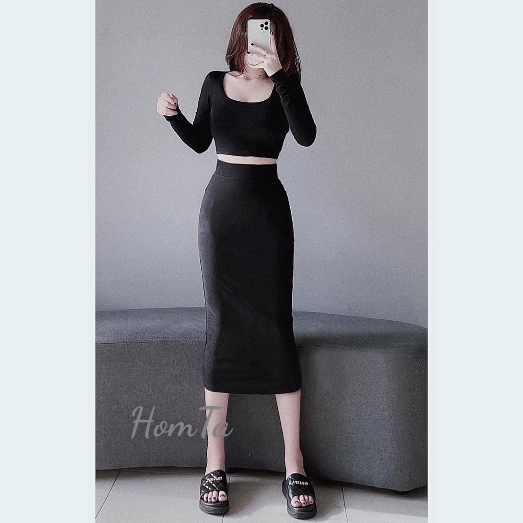 Set Áo Cổ U Tay Dài Kèm Chân Váy