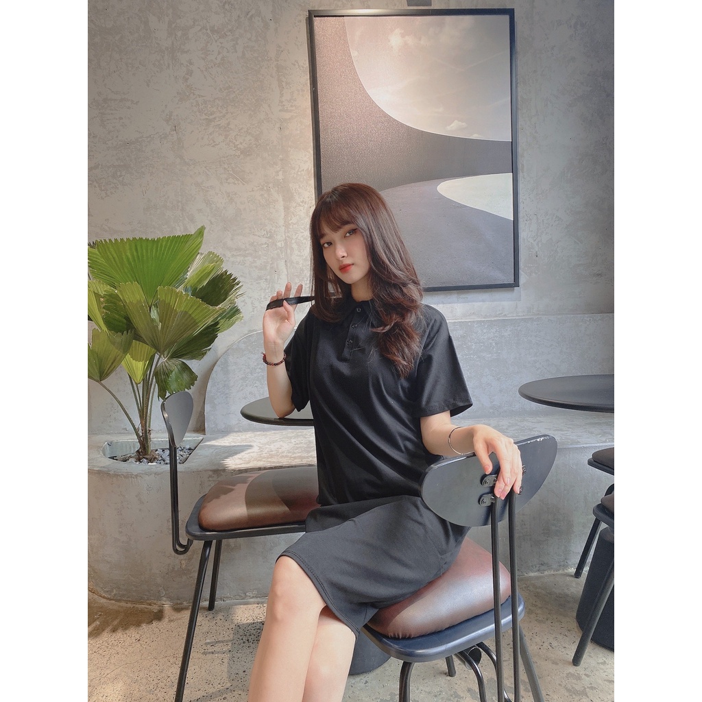 Đầm Maxi Cài Cúc Cổ Bẻ Tay Cộc Cam Đen - Váy Nữ Polo Dáng Dài