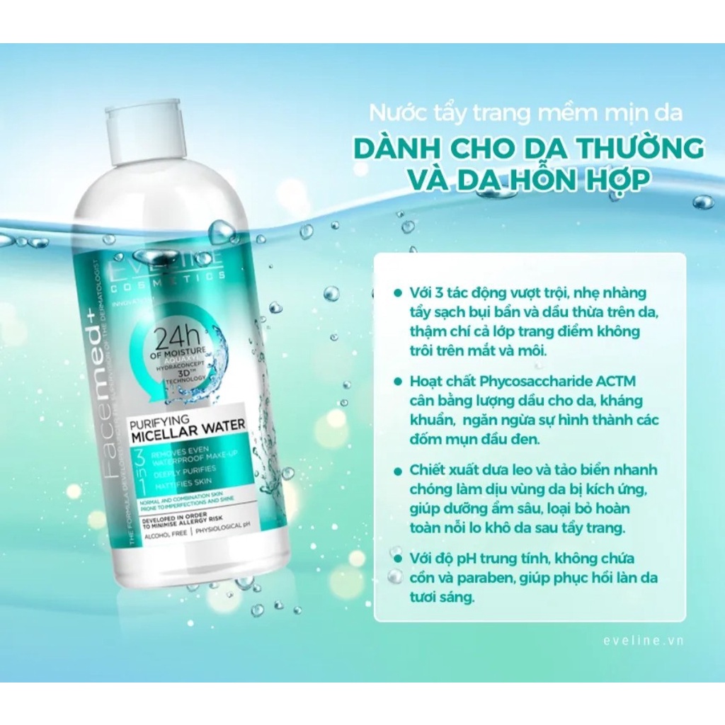 Nước Tẩy Trang Không Cồn Dành Cho Da Dầu, Hỗn Hợp Eveline 400ml