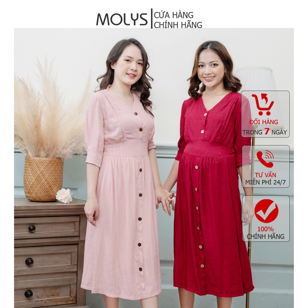 Đầm bầu thiết kế có khóa cho con ti sau sinh, vắt sữa nơi công sở, cổ V đai eo bản to đính cúc MOLYS M232 (45kg-80kg)