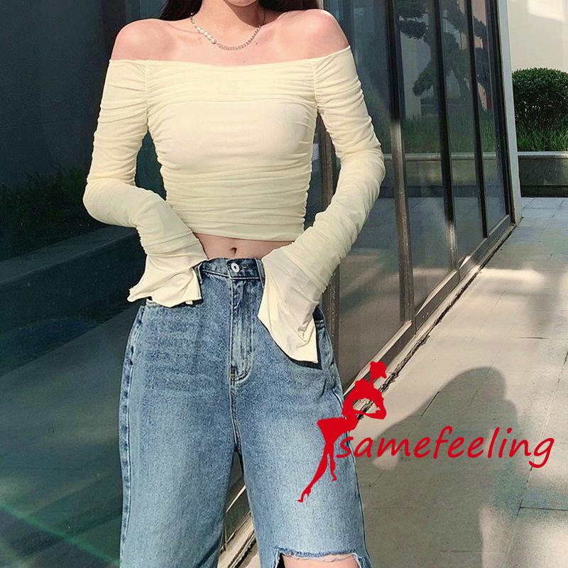 Sf-Phụ nữ mùa hè Top Pure tiếp xúc vai lưới dài tay áo xếp li mỏng áo thun ngắn Màu đặc