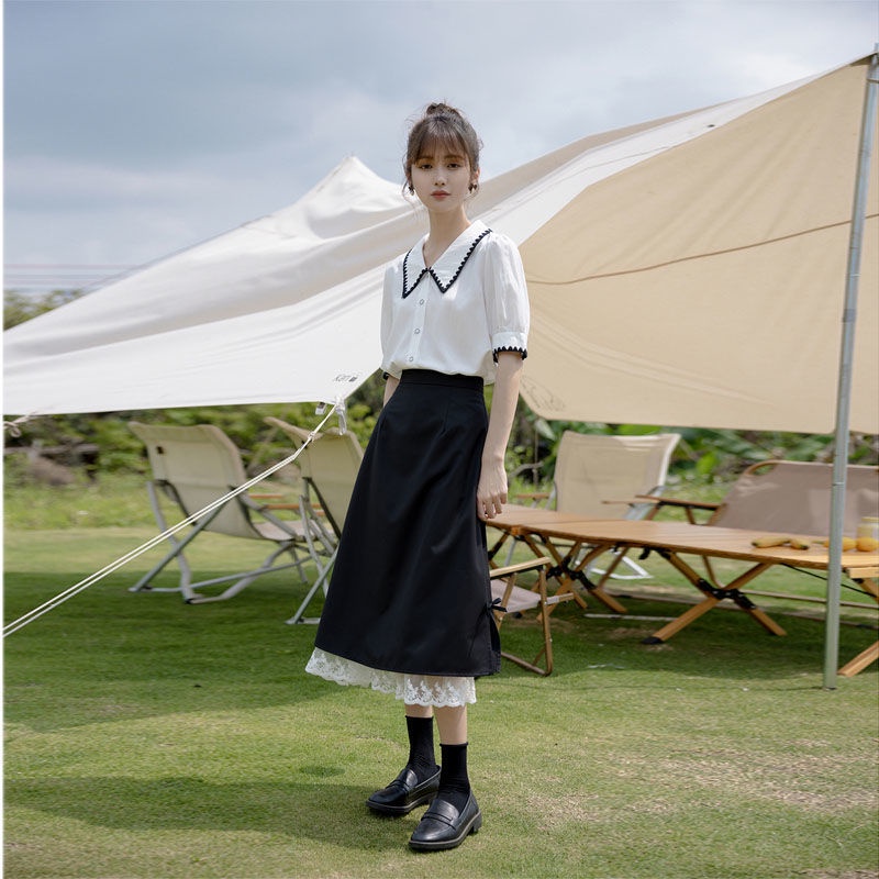 Chân váy đen lưng cao xẻ tà phong cách mùa hè thanh lịch cho nữ