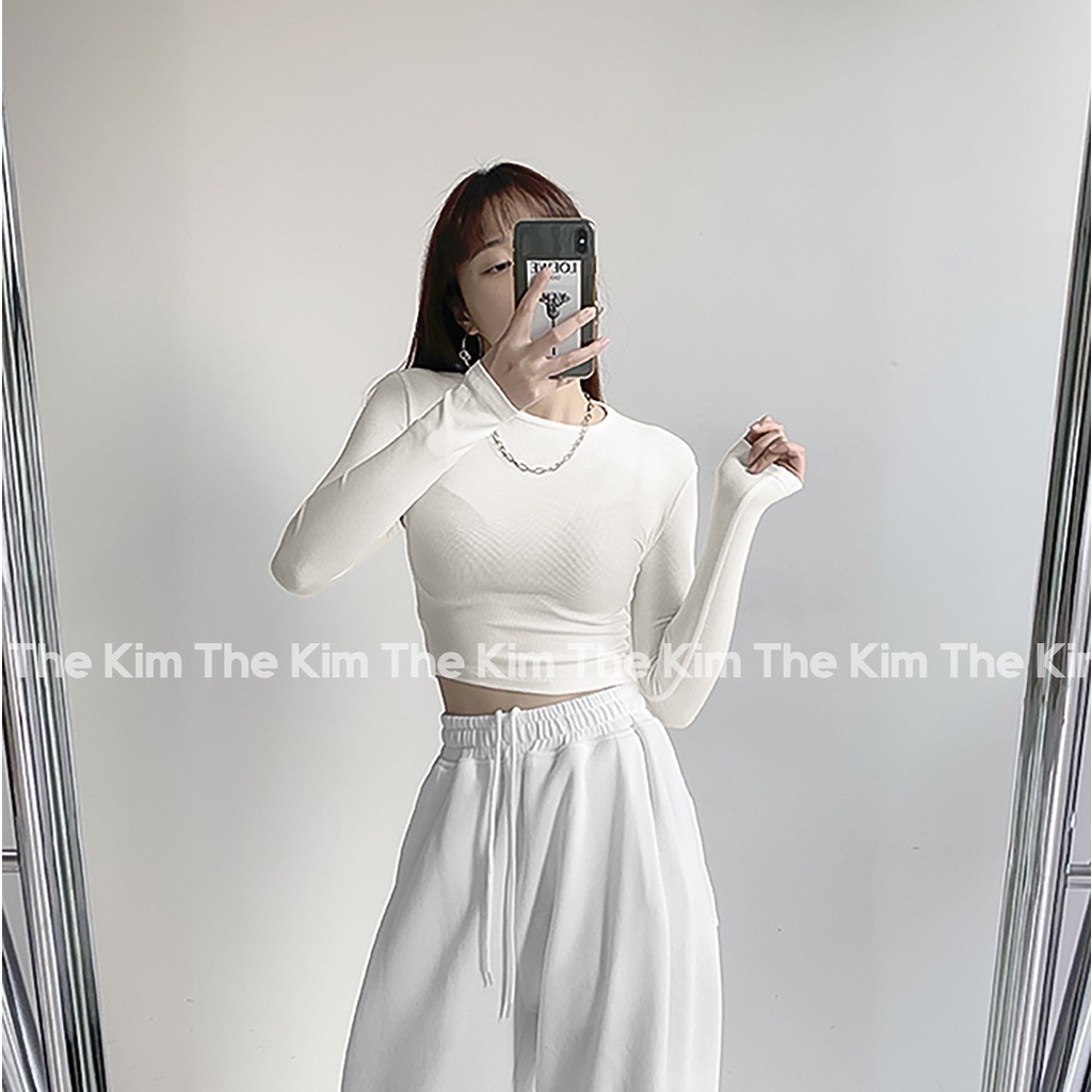 THEKIM Áo croptop dài tay cổ tròn , áo thun tăm cotton tay dài trơn basic cho nữ ôm sát body AD119 croptop | BigBuy360 - bigbuy360.vn