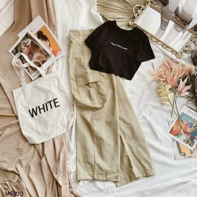 Quần kaki túi hộp kèm áo croptop