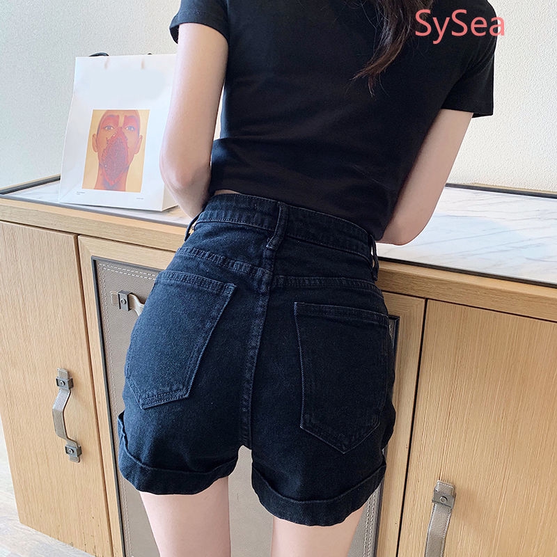 Quần Short Denim Lưng Cao Ống Rộng Phong Cách Retro