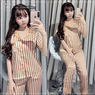 Đồ bộ pịama lụa tay ngắn quần dài (sọc trơn)